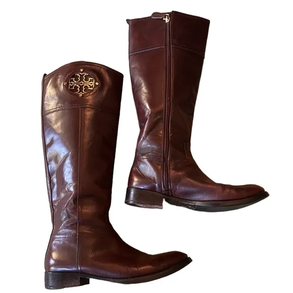 Tory Burch Kiernan Brown Leather 35mm Gold Logo Tall Knee High Riding Boots - 7