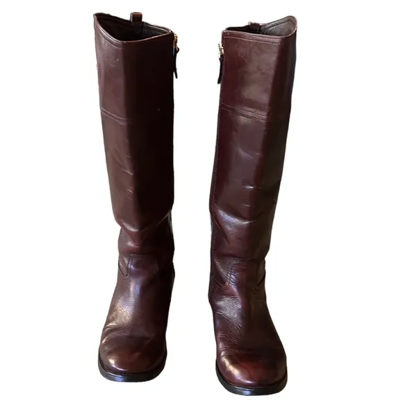 Tory Burch Kiernan Brown Leather 35mm Gold Logo Tall Knee High Riding Boots - 7