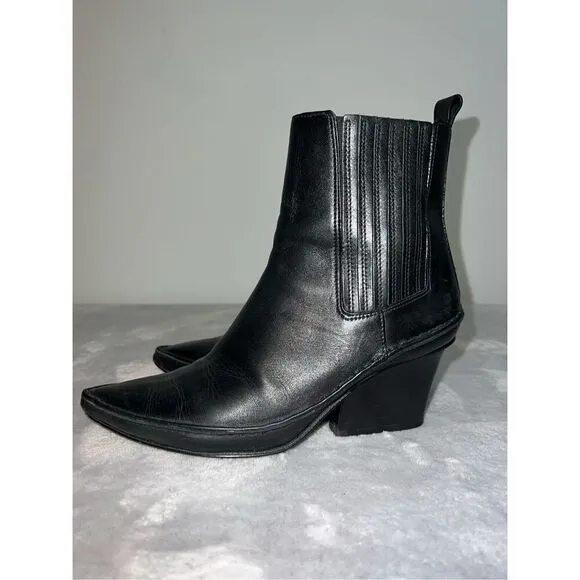 Tory Burch Lila Leather Pointed Toe Heeled Ankle Boots Black 6.5