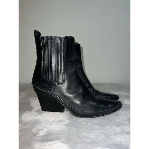 Tory Burch Lila Leather Pointed Toe Heeled Ankle Boots Black 6.5