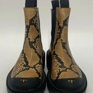 Tory Burch Logo Toe Snakeskin Black/Tan Chelsea Ankle Women's Boots 7