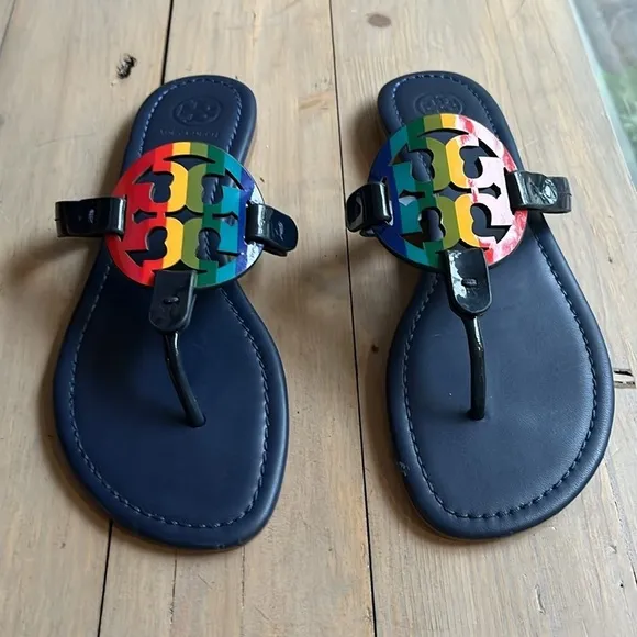 Tory Burch Miller Patent Sandals Rainbow Navy 7