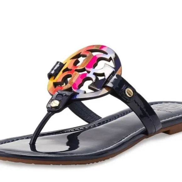 Tory Burch Miller Patent Sandals Rainbow Navy 7