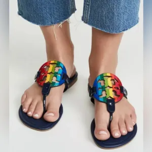 Tory Burch Miller Patent Sandals Rainbow Navy 7