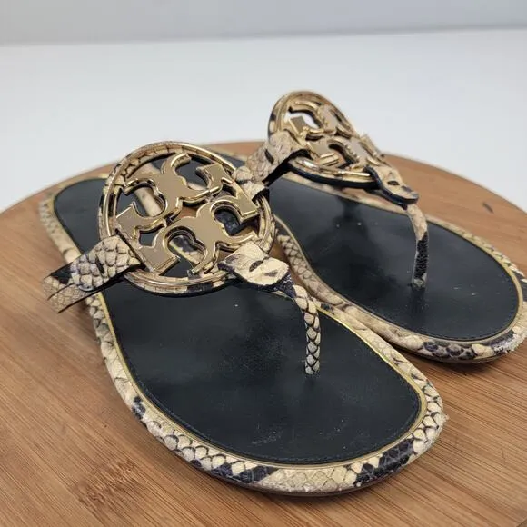 Tory Burch Miller Snake Embossed Gold Logo Sandals Women's Shoe US 10.5 EU 42.5
