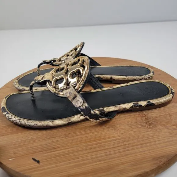 Tory Burch Miller Snake Embossed Gold Logo Sandals Women's Shoe US 10.5 EU 42.5