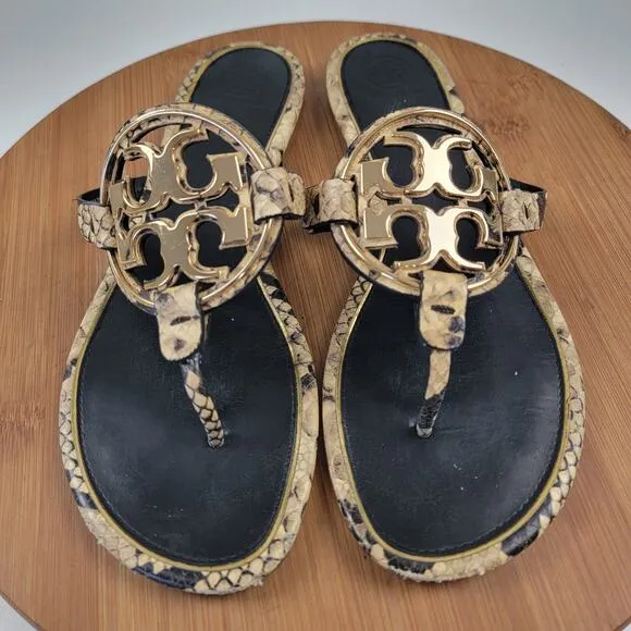 Tory Burch Miller Snake Embossed Gold Logo Sandals Women's Shoe US 10.5 EU 42.5