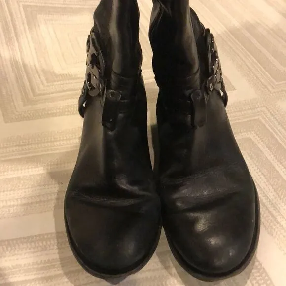 Tory Burch Tall Black Leather Boots w Silver Logo