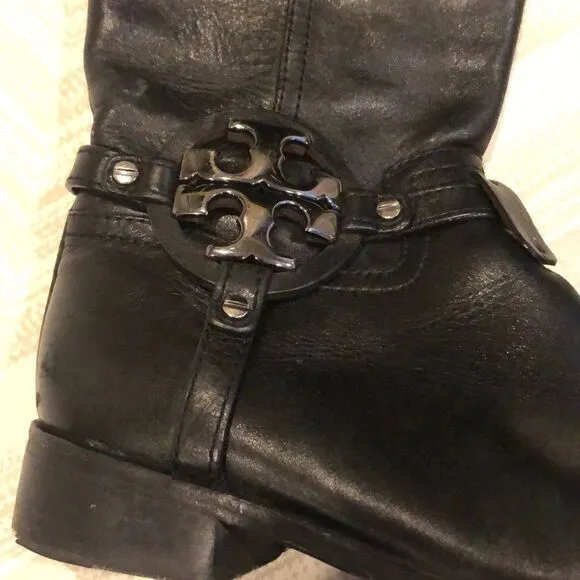 Tory Burch Tall Black Leather Boots w Silver Logo