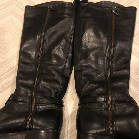 Tory Burch Tall Black Leather Boots w Silver Logo