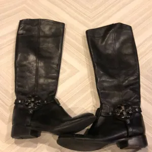 Tory Burch Tall Black Leather Boots w Silver Logo