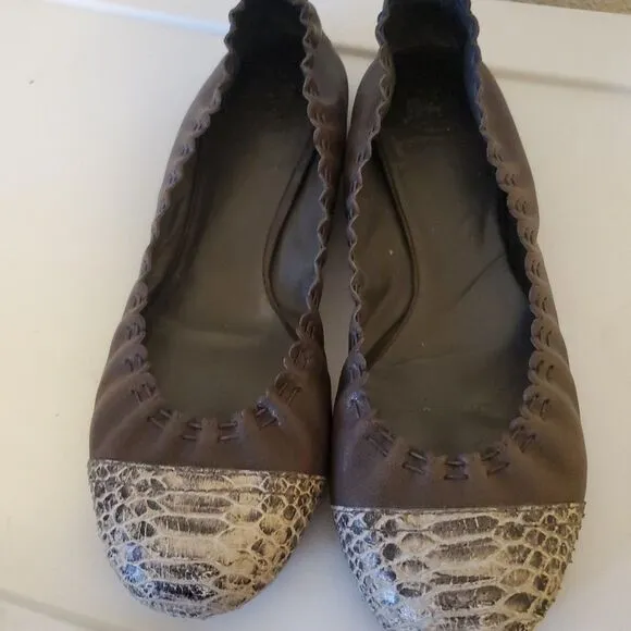 Tory Burch Womens Brown Leather Snake Print Slip On Ballet Flats Shoes Size 8B