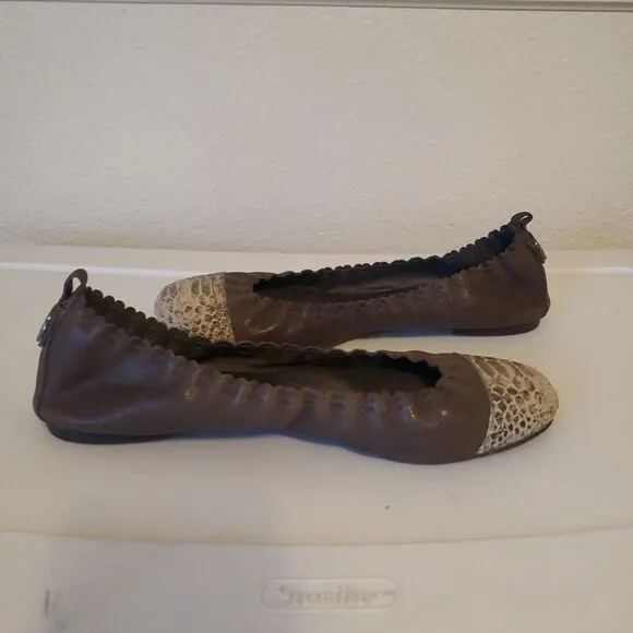 Tory Burch Womens Brown Leather Snake Print Slip On Ballet Flats Shoes Size 8B