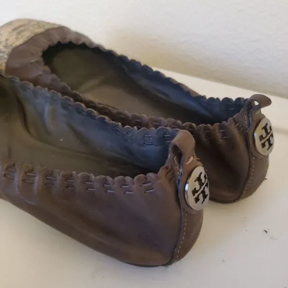 Tory Burch Womens Brown Leather Snake Print Slip On Ballet Flats Shoes Size 8B