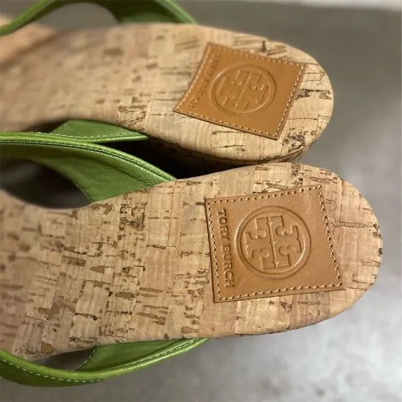 Tory Burch Women's Green Leather Thong Wedge Sandals Size 10.5 M