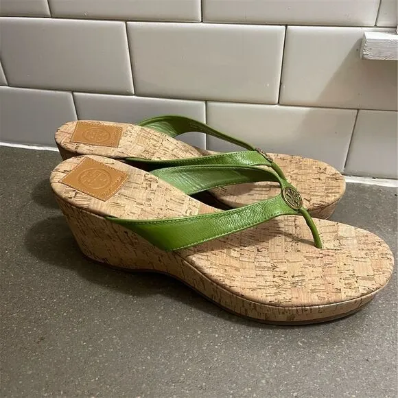 Tory Burch Women's Green Leather Thong Wedge Sandals Size 10.5 M