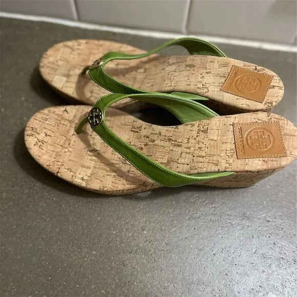 Tory Burch Women's Green Leather Thong Wedge Sandals Size 10.5 M