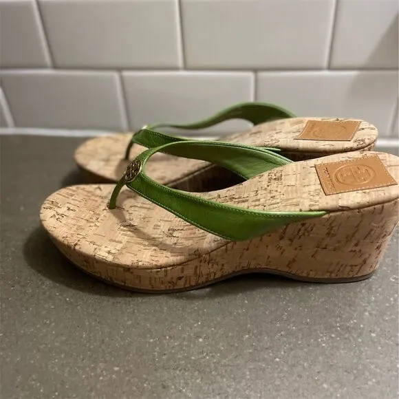 Tory Burch Women's Green Leather Thong Wedge Sandals Size 10.5 M