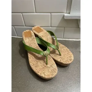 Tory Burch Women's Green Leather Thong Wedge Sandals Size 10.5 M