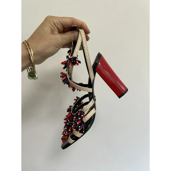 TORY BURCH Women's Multi Color Ambrosia Beaded Raffia Runway Sandals sz. 6.5 M