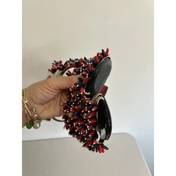 TORY BURCH Women's Multi Color Ambrosia Beaded Raffia Runway Sandals sz. 6.5 M