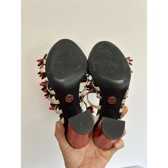 TORY BURCH Women's Multi Color Ambrosia Beaded Raffia Runway Sandals sz. 6.5 M