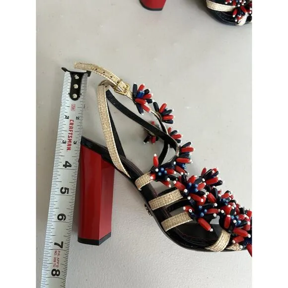 TORY BURCH Women's Multi Color Ambrosia Beaded Raffia Runway Sandals sz. 6.5 M