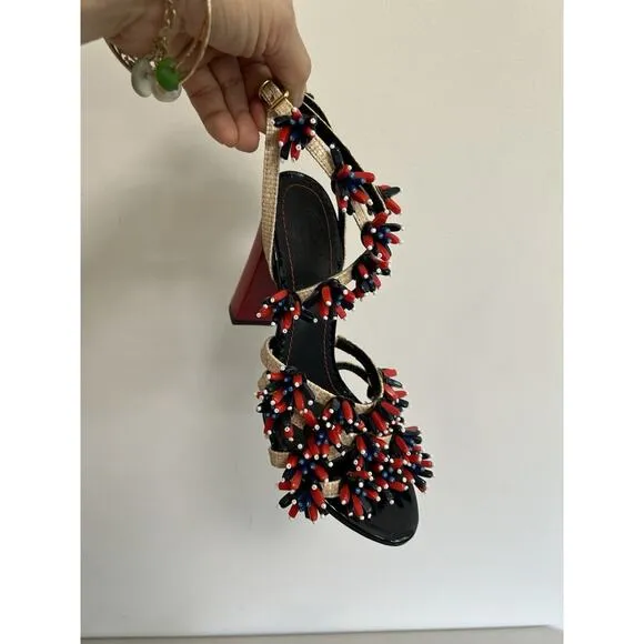 TORY BURCH Women's Multi Color Ambrosia Beaded Raffia Runway Sandals sz. 6.5 M
