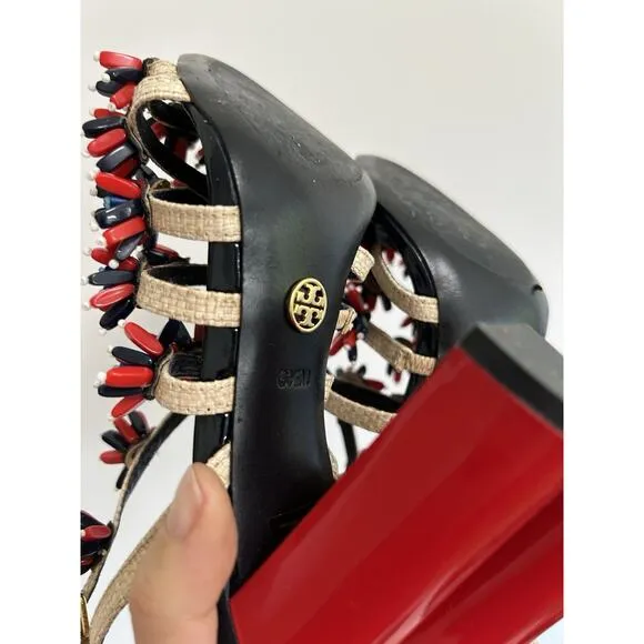 TORY BURCH Women's Multi Color Ambrosia Beaded Raffia Runway Sandals sz. 6.5 M
