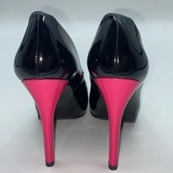 UEC Guess black &amp; neon pink patent leather peep toe platform shoes 7 1/2