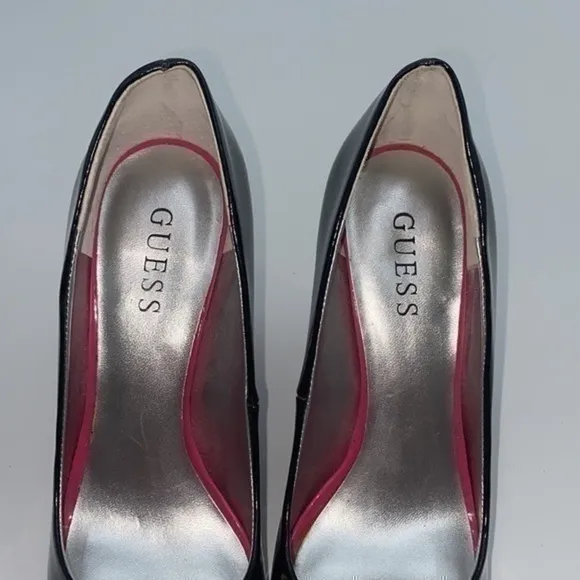 UEC Guess black &amp; neon pink patent leather peep toe platform shoes 7 1/2