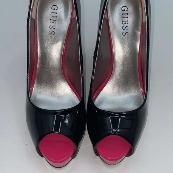 UEC Guess black &amp; neon pink patent leather peep toe platform shoes 7 1/2