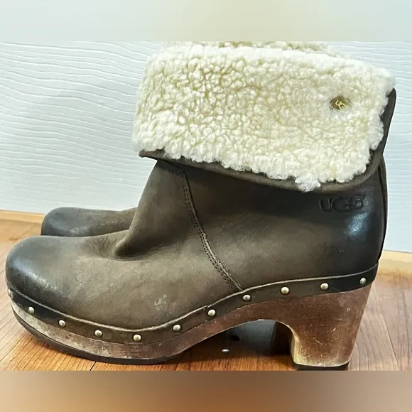 UGG 1958 Lynnea Leather Studded Foldover Clog Boot Shearling Cuff Brown Sz 6.5
