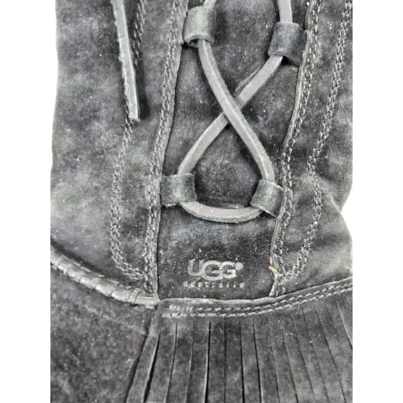 UGG 5750 Desoto Womens Tall Black Suede-Shearling Fringed Zip Boot Size 9