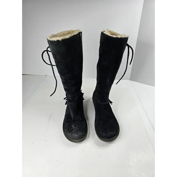 UGG 5750 Desoto Womens Tall Black Suede-Shearling Fringed Zip Boot Size 9