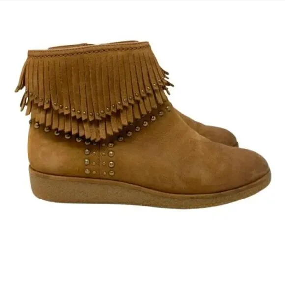UGG Ariane Chestnut Leather Studded Fringe Wedge Ankle Boots - Size 8.5
