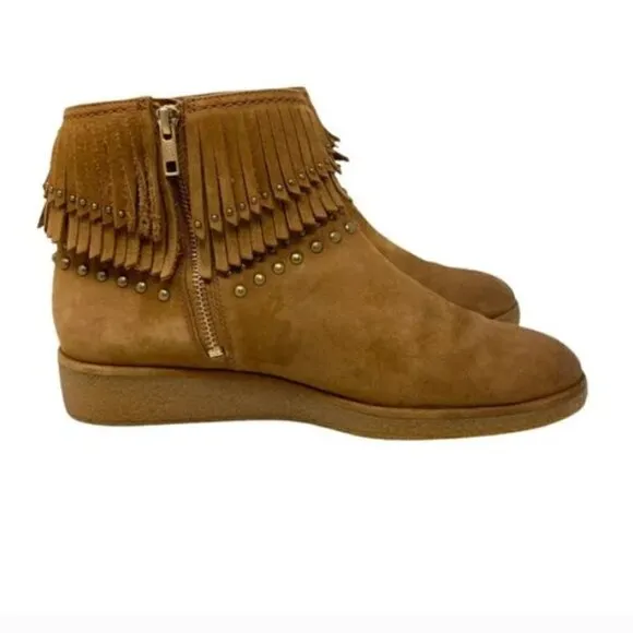 UGG Ariane Chestnut Leather Studded Fringe Wedge Ankle Boots - Size 8.5