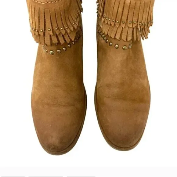 UGG Ariane Chestnut Leather Studded Fringe Wedge Ankle Boots - Size 8.5
