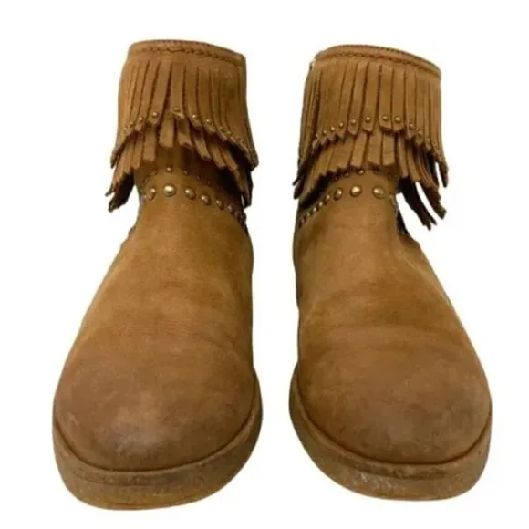 UGG Ariane Chestnut Leather Studded Fringe Wedge Ankle Boots - Size 8.5