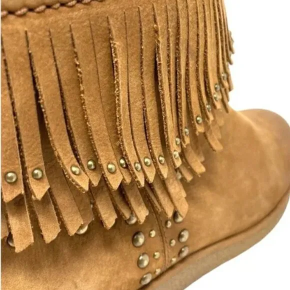 UGG Ariane Chestnut Leather Studded Fringe Wedge Ankle Boots - Size 8.5