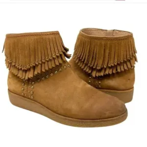 UGG Ariane Chestnut Leather Studded Fringe Wedge Ankle Boots - Size 8.5