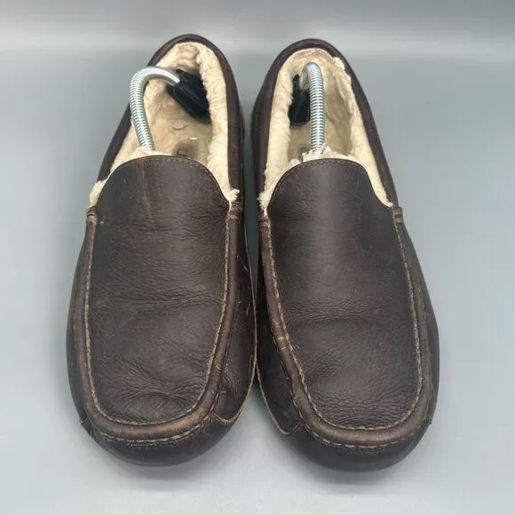 UGG Australia Ascot Men's 12 Brown Leather Lined Slippers Slip-On Low Top