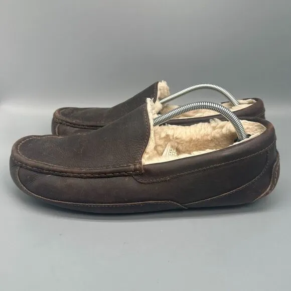 UGG Australia Ascot Men's 12 Brown Leather Lined Slippers Slip-On Low Top