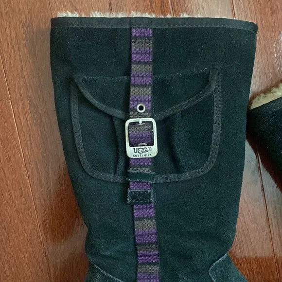 UGG Australia Tall Black Boots with Belted Purple Side Stripe and Side Pocket