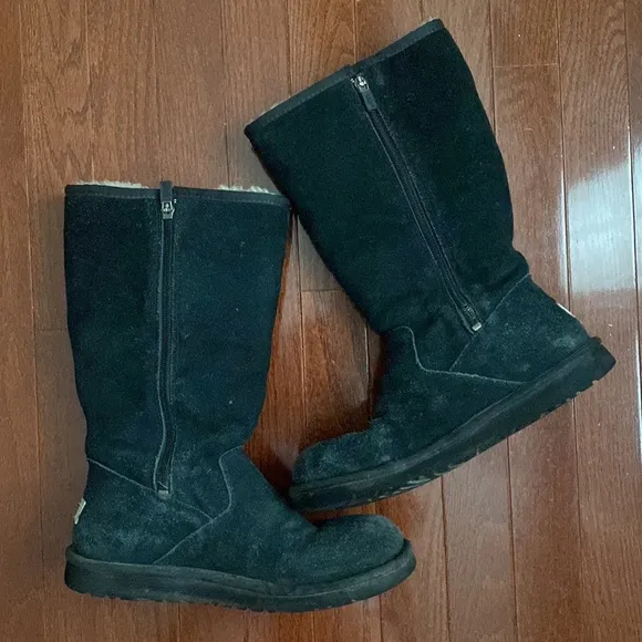 UGG Australia Tall Black Boots with Belted Purple Side Stripe and Side Pocket