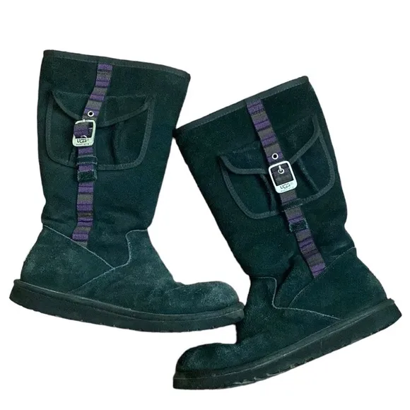 UGG Australia Tall Black Boots with Belted Purple Side Stripe and Side Pocket