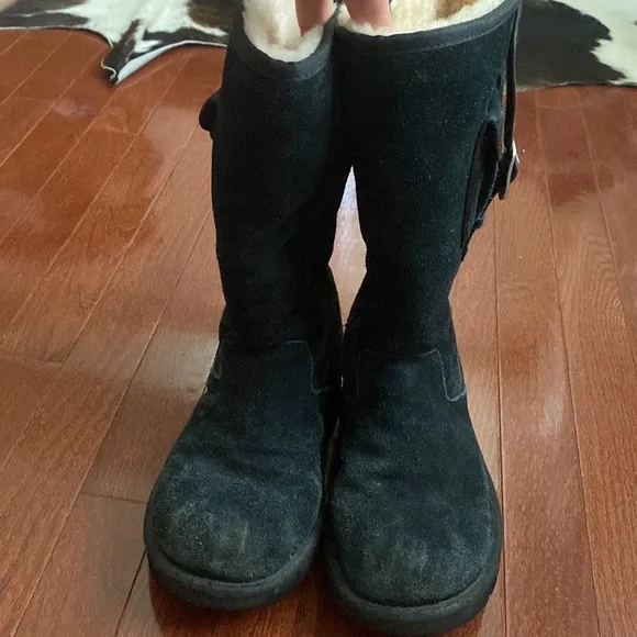 UGG Australia Tall Black Boots with Belted Purple Side Stripe and Side Pocket