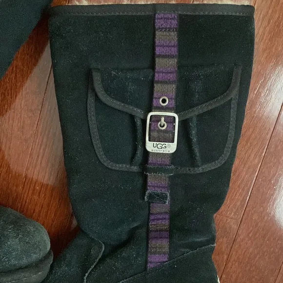 UGG Australia Tall Black Boots with Belted Purple Side Stripe and Side Pocket