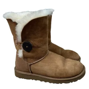 UGG Bailey Button Tan Leather Sheepskin Ankle Bootie Boots Size 5