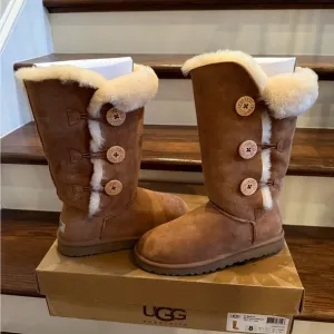 UGG Bailey Button Triplet Chestnut Womens Sheepskin Suede Tall Boots, 8